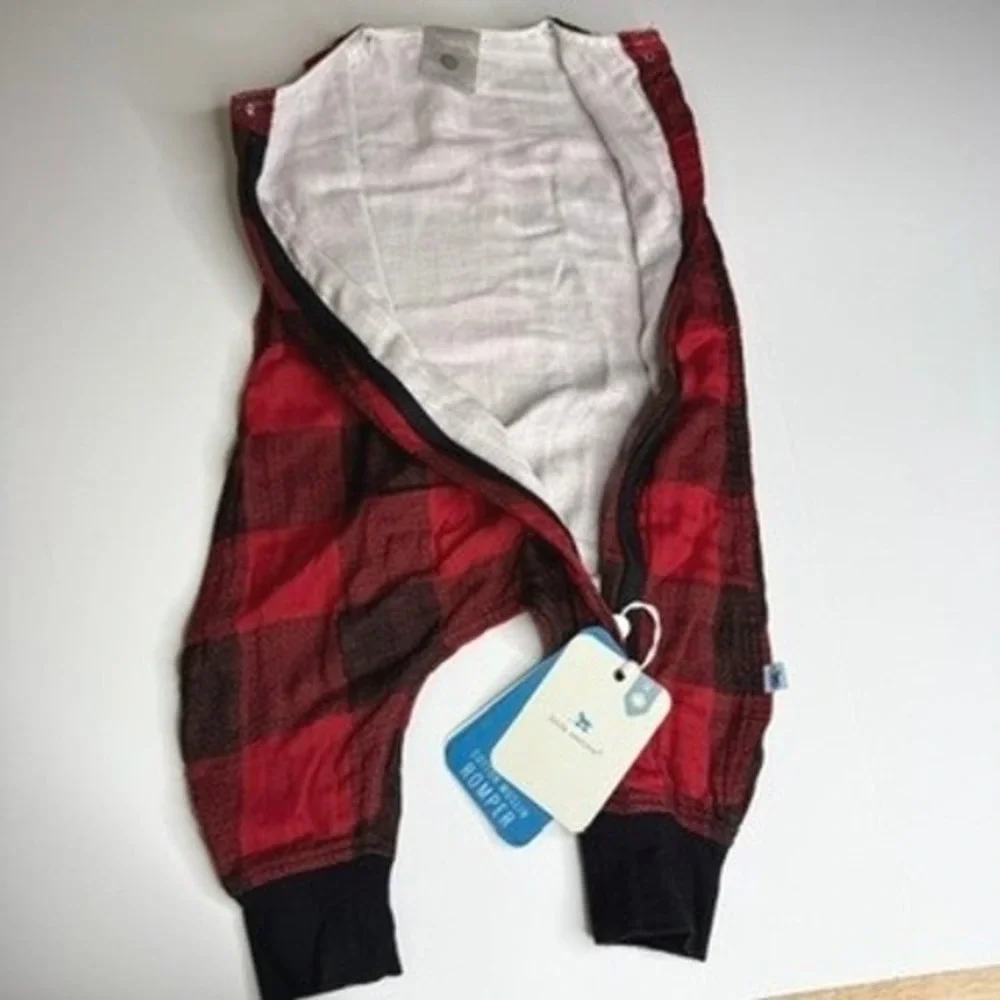 Little Unicorn Cotton Muslin Romper‎ Red Plaid Medium NWT